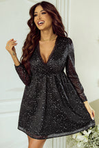 Chic Black Glitter Dress Featuring a Trendy Mesh Overlay