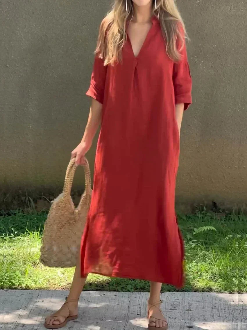 Women's V-Neck Solid Dress with Handy Pockets