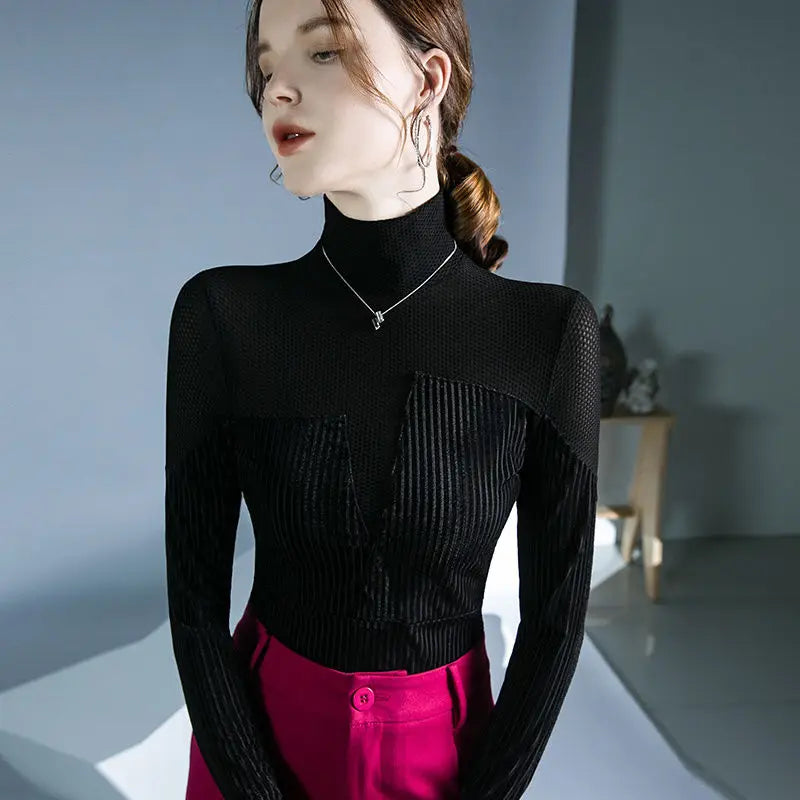 Chic Velvet Patchwork Turtleneck Sweater