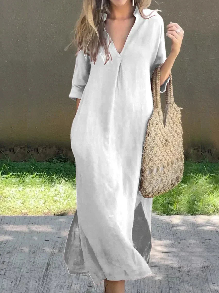 Women's V-Neck Solid Dress with Handy Pockets