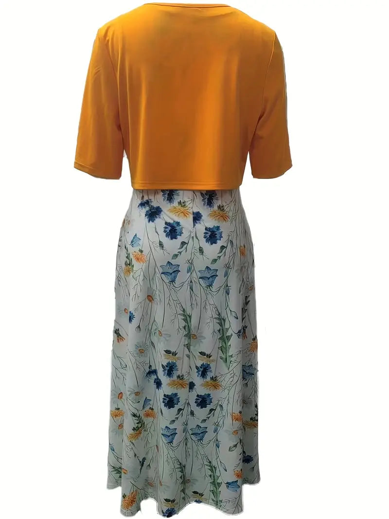 Chic Floral Two-Piece Dress Set Featuring Solid Crop Top and Round Neck