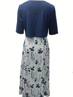 Chic Floral Two-Piece Dress Set Featuring Solid Crop Top and Round Neck