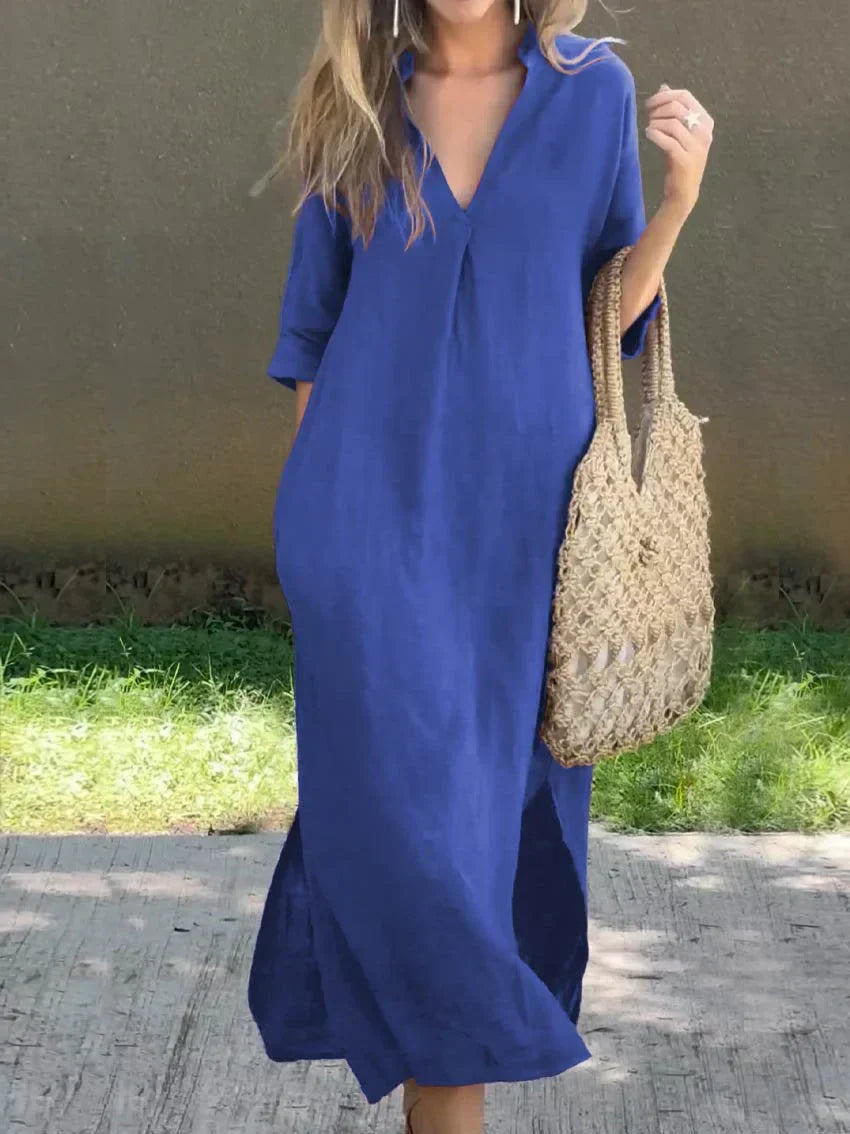 Women's V-Neck Solid Dress with Handy Pockets