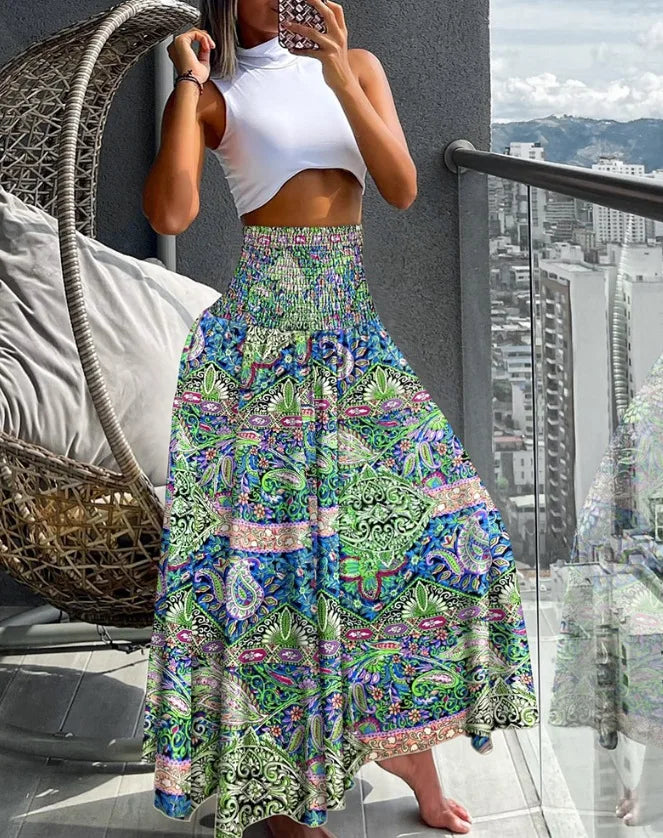 Elegant A-Line Skirt with High Waist and Flowy Design Featuring Elastic Waistband