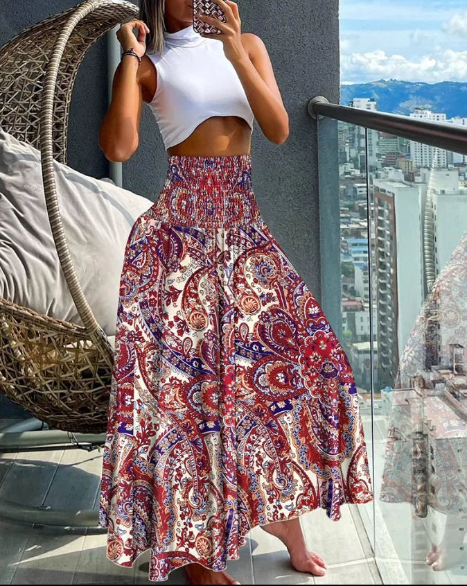 Elegant A-Line Skirt with High Waist and Flowy Design Featuring Elastic Waistband