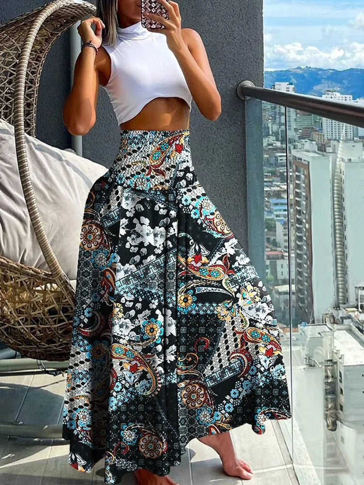 Elegant A-Line Skirt with High Waist and Flowy Design Featuring Elastic Waistband