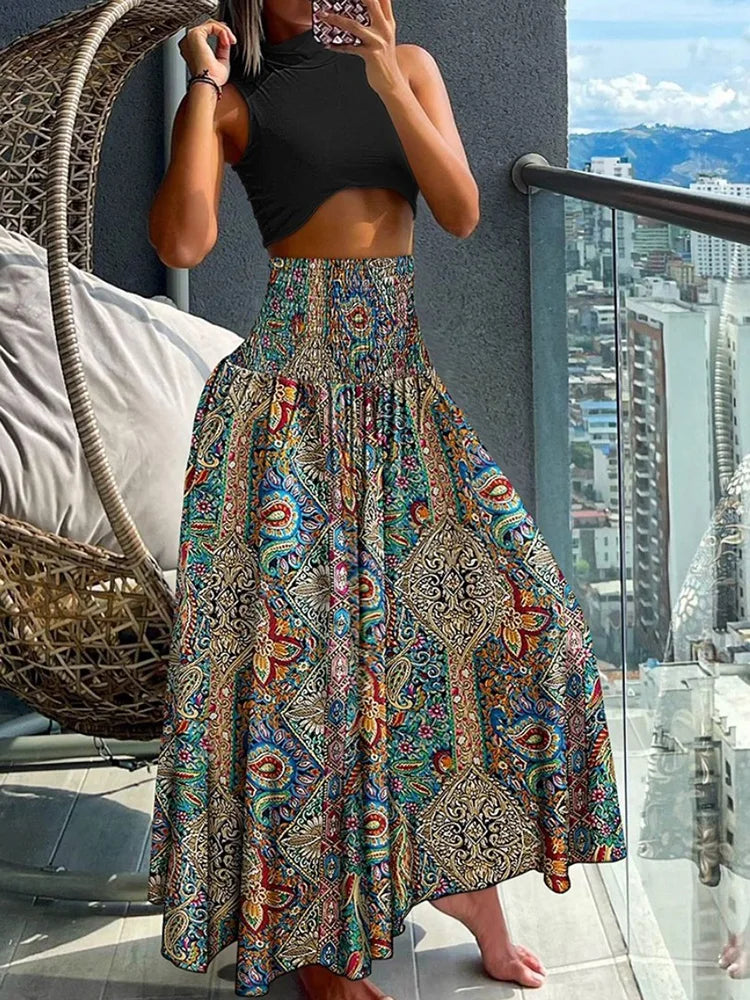 Elegant A-Line Skirt with High Waist and Flowy Design Featuring Elastic Waistband