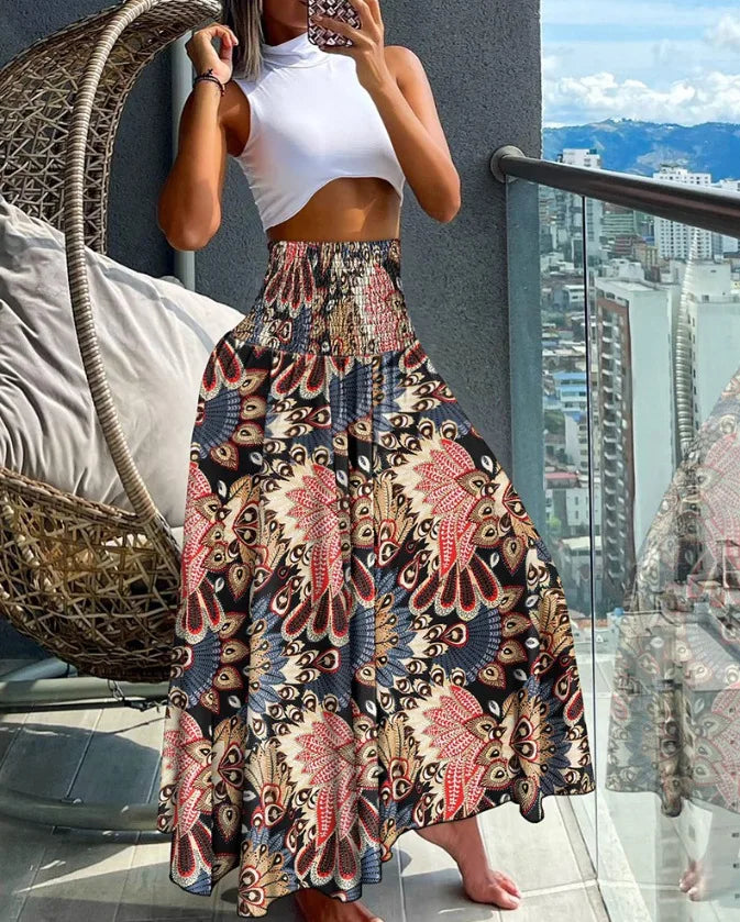 Elegant A-Line Skirt with High Waist and Flowy Design Featuring Elastic Waistband