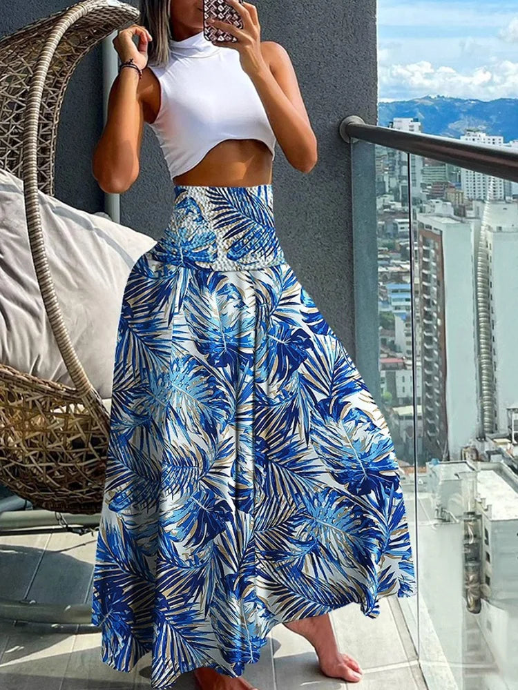 Elegant A-Line Skirt with High Waist and Flowy Design Featuring Elastic Waistband