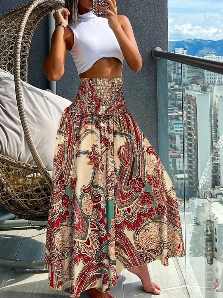 Elegant A-Line Skirt with High Waist and Flowy Design Featuring Elastic Waistband