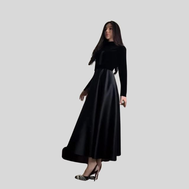 Chic Velvet Turtleneck Dress with Flared Skirt