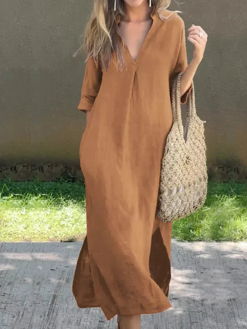 Women's V-Neck Solid Dress with Handy Pockets