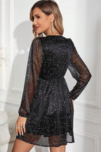 Chic Black Glitter Dress Featuring a Trendy Mesh Overlay