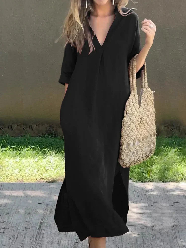 Women's V-Neck Solid Dress with Handy Pockets